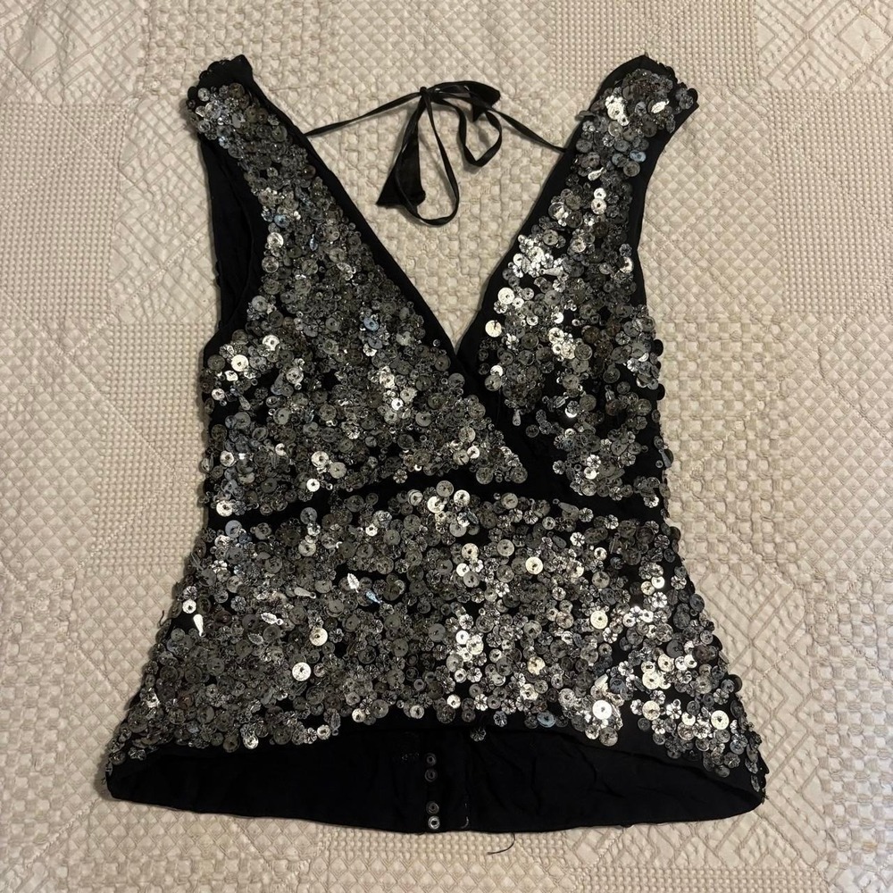 Unique Bebe Metal Embroidered Sequins Open tie back top